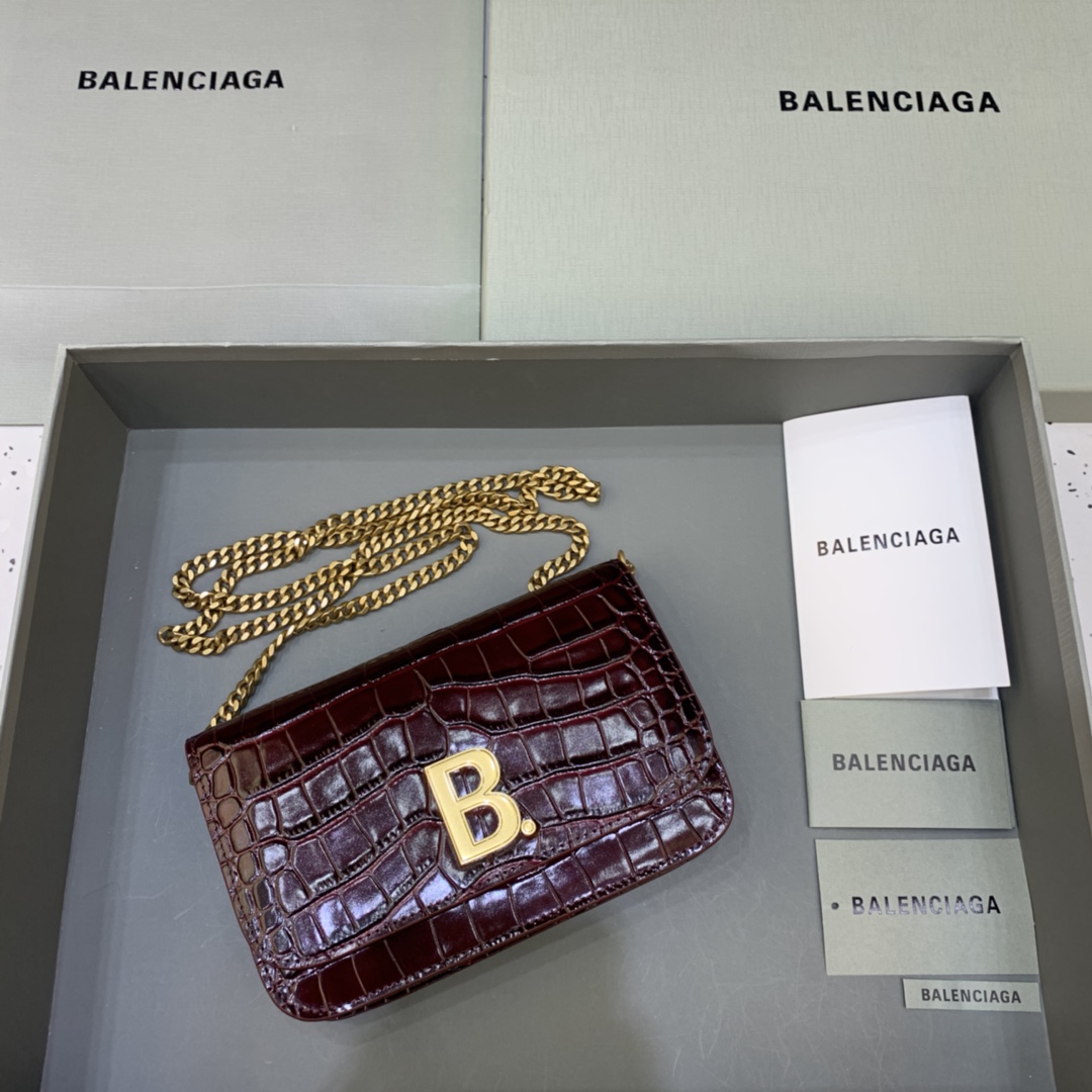 Balenciaga Small Woc Wallet With Chain Crocodile Embossed Shoulder Bag Dark Red